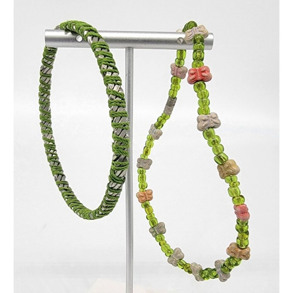 Green Bangle Silver Tone Link Bracelet & Butterfly Bead Anklet Set Boho Jewelry